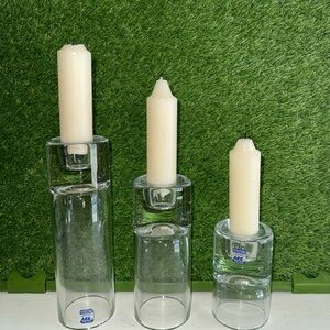 Glass Pillar Candle Holders with Cream Candles - Set of 3